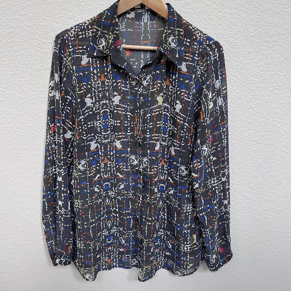 Cabi Festival #129 Shirt Blouse Size Large Long Sleeve Button Down Gray Sheer